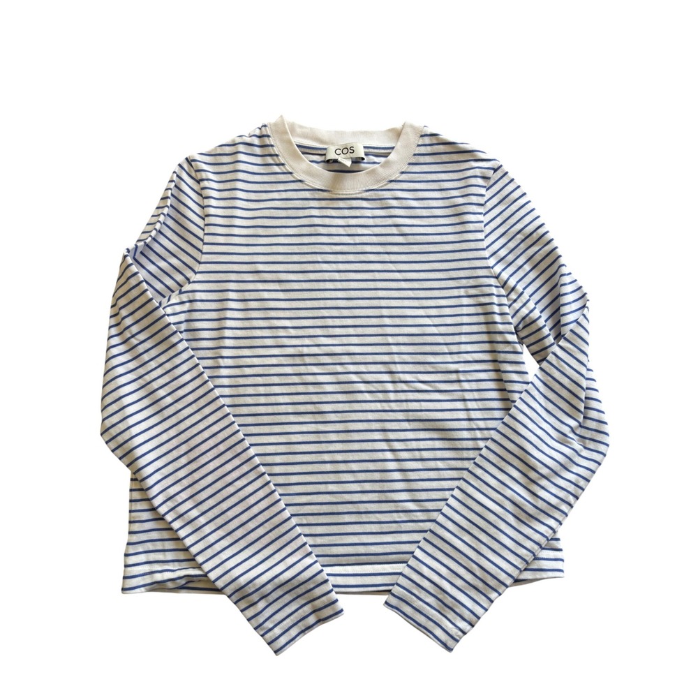 COS Womens Blue White Striped Long Sleeve Cotton T-Shirt Size Small Crew Neck